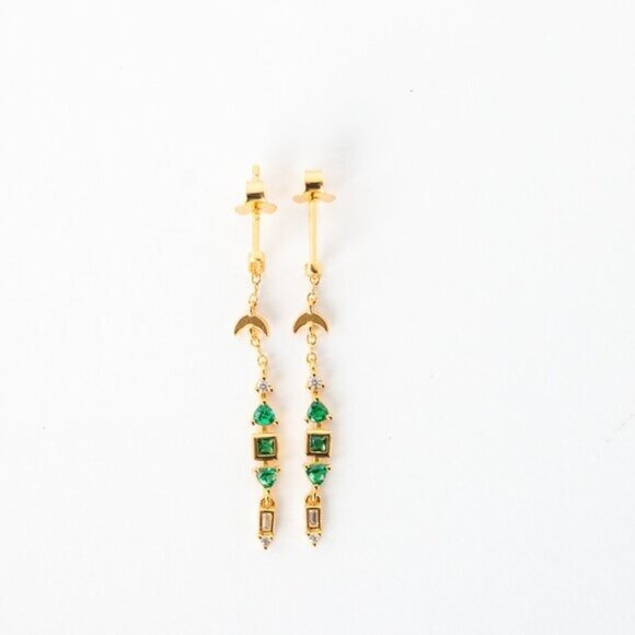 Gorgeous Dangle Earrings Gold w/Green Zircon Moon Celestial Jewelry BEAUTIFUL - Picture 9 of 12